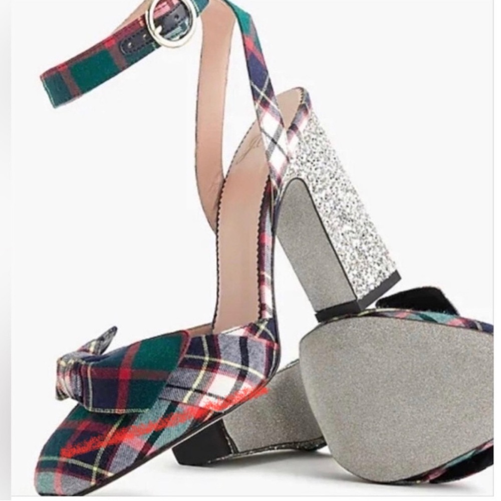 🪲 RARE J. Crew Harlow Plaid and Glitter Heels Plaid Festive holiday 10.5 - Picture 2 of 14